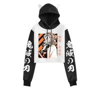 Satdflie Anime Demon Slayer Sweat à Capuche Court pour Femme Fille Oreilles de Chat Pull à Manche Longue Bicolore Crop Top Hoodie Sweat-Shirt à Capuche, Blanc/Noir C, XS