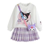 Satdflie Cartoon Ensemble de Costume 3 Pièces pour Filles Haut à Manches Longues + Mini Jupe Plissée + Sac à Bandoulière Tenue d' Printemps Automne, Violet, XXS
