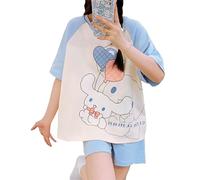 Satdflie Cinnamo-Roll Cartoon Pyjama Court Été Ensemble de Pyjama à Manche Court Chemise et Short 2 Pièces Vêtement de Nuit Vêtement d'Intérieur pour Petite Femme Fille, Bleu, XXL
