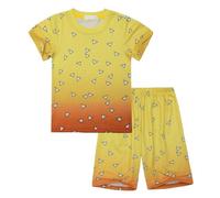 Satdflie Demon Slayer Mignon t-Shirt Pyjama Ensemble pour Les Femmes Hommes, Dessin animé imprimé Cou Rond vêtements de Nuit, 2pc Manches Courtes élastique Taille Short Ensemble, Jaune, Taille 160