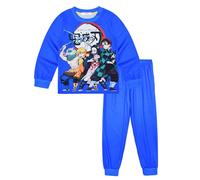 Satdflie Demon Slayer Pyjama Set pour Petites et Grands garçons Filles, pour Noël Cou Rond Pullover vêtements de Nuit, 2PC Manches Longues Pantalons de Taille élastique, Bleu, 150 Taille