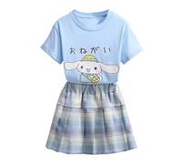 Satdflie Ensemble de vêtements pour filles 2 pièces Tenues d’été École JK Ensembles de jupe Mignon imprimé graphique Hauts à manches courtes et mini jupes plissées à carreaux, bleu/1, XXS