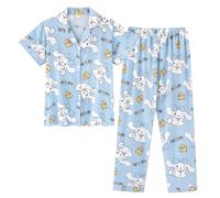 Satdflie Femmes Enfants Pajama Set pour Petites et Grandes Filles, Dessin animé imprimé Bouton en Bas Loungewear Sleepset, 2PC Manches Courtes et Pantalon Set, Bleu, M