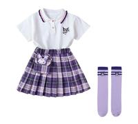 Satdflie filles école JK uniforme ensembles lapel chemise à manches courtes + plaid plissé mini jupe + chaussettes + monnaie sac-monnaie 4PCS vêtements d'été costume, violet, XXS