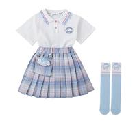 Satdflie filles école JK uniforme ensembles lapel chemise à manches courtes + plaid plissée mini jupe + chaussettes + monnaie sac-monnaie 4PCS vêtements d'été costume, bleu, XS