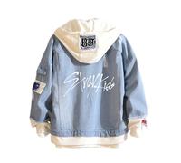 Satdflie KPOP Stray Kids Denim Jacket, Felix Jisung Hyunjin Minho Bangchan Changbin Concerts Unisex Tops, Imprimé Bouton Loose Fitting Capuchon pour Printemps Automne, Style/5, 3XL