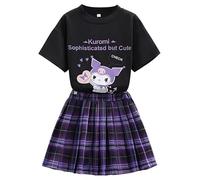 Satdflie Kuro-mi Cartoon Ensemble de Costume 2 Pièces pour Filles T-shirts à Manches Courtes + Minijupe Plissée à Carreaux Tenues d'Été, Noir, S