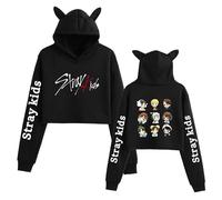 Satdflie Stray Kids Sweats à Capuche Mignonnes Oreilles de Chat Nombril Apparent Manches Longues Imprimé Pull Crop Top