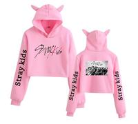 Satdflie Stray Kids Sweats à Capuche Mignonnes Oreilles de Chat Nombril Apparent Manches Longues Imprimé Pull Crop Top