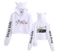 Satdflie Stray Kids Sweats à Capuche Oreilles de Chat Mignonnes Femmes Nombril Apparent Pull à Manches Longues Crop Top imprimé pour Les Fans Bang Chan Changbin Hyunjin Han Felix, Couleur/10, XS