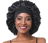 Satin Elastic Wide Band Night Cap For Women,Long Hair,Curly Hair (L,Black)