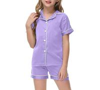Satin Ensemble Enfants, Filles Garçon Ensemble à Manches Courtes, Haut, Shorts, Satin de Soie Bouton Vers le Bas Vêtements de Détente 2 Pièces Ensembles pour Bébé Classique (Light Purple, 10-11 Years)