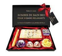 Coffret Cadeau Femme - 14 Bains Relaxants, 7x Bombe de Bain Bio aux Huile Essentielle - Idee Cadeau Femme - Cadeau Noel Maman Boite Cadeau - Satin Naturel