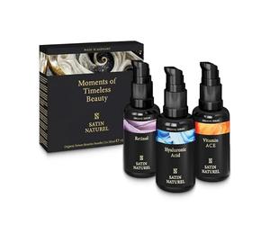 Satin Naturel Coffret Premium de Sérums pour Femme 3x30 ml | Rétinol, Acide Hyaluronique & Vitamine C, Soins Visage Végans dans une Boîte Cadeau Premium
