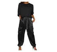 Satin Pants Set, Smooth Satin Half-sleeved Top And Pants Set, Womens 2 Piece Outfits Silk Lounge Sets(Black,5XL)