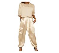 Satin Pants Set, Smooth Satin Half-sleeved Top And Pants Set, Womens 2 Piece Outfits Silk Lounge Sets(Almond,M)