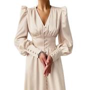 Satin Prom Femmes Robe Longue Sid Lantern Manches A-Ligne Taille Haute Slim Élégant Dame Robes, 01 Beige, S
