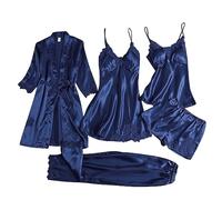 Satin Pyjama 5 Pièces Robe de Nuit Femme Sexy Col V Satin Vêtements de Nuit Sexy Robe de Nuit Chemise de Nuit Soie Nuisette Robe Lingerie Sexy Vêtements de Nuit Femme Peignoir Babydoll, Marine, XL