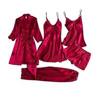 Satin Pyjama 5 Pièces Robe de Nuit Femme Sexy Col V Satin Vêtements de Nuit Sexy Robe de Nuit Chemise de Nuit Soie Nuisette Robe Lingerie Sexy Vêtements de Nuit Femme Peignoir Babydoll, rouge, S