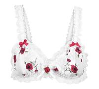 Satini efféminé Froufrou Dentelle Ajusté Satin Bralette Soutien-Gorge (Blanc - Roses Rouges, XL)