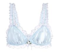 Satini efféminé Froufrou Dentelle Ajusté Satin Bralette Soutien-Gorge (Bleu Clair, L)