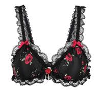 Satini efféminé Froufrou Dentelle Ajusté Satin Bralette Soutien-Gorge (Noir - Roses Rouges, XL)