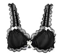 Satini efféminé Froufrou Dentelle Ajusté Satin Bralette Soutien-Gorge (Noir, XL)