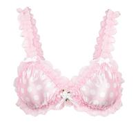 Satini efféminé Froufrou Dentelle Ajusté Satin Bralette Soutien-Gorge (Rose Clair - Pois, M)