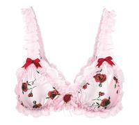 Satini efféminé Froufrou Dentelle Ajusté Satin Bralette Soutien-Gorge (Rose Clair - Roses Rouges, XL)