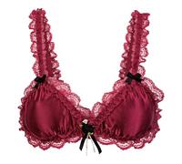 Satini efféminé Froufrou Dentelle Ajusté Satin Bralette Soutien-Gorge (Rouge vin, XL)