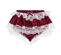 Satini Froufrou Dentelle efféminé A Volants Shorty Slips Lingerie Soyeuse Satin sous-vêtements Culottes (Rouge vin, XL)