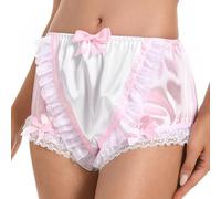 Satini Froufrou Dentelle efféminé Soyeuse Satin Couverture Couche-Culotte pour Adulte Slips Lingerie sous-vêtements Culottes (Rose Clair - Blanc, L)