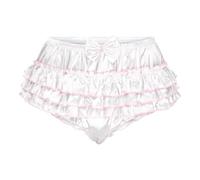 Satini Froufrou efféminé A Volants Shorty Slips Lingerie Soyeuse Satin sous-vêtements Culottes (Blanc, S)