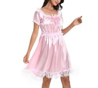 Satini Lingerie Satin efféminé Nuisette Volants Froufrou Dentelle Slip Complet Vêtements de Nuit Robe (Rose Clair, XXL)