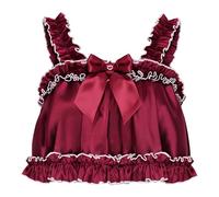 Satini Lingerie Satin efféminé Ourlet Roulotté Froufrou Cami Haut (Rouge vin, L)