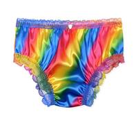 Satini Satin Dentelle froufroutante efféminé Shorty Slips Culottes sous-vêtements (Arc en Ciel, L)