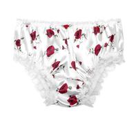 Satini Satin Dentelle froufroutante efféminé Shorty Slips Culottes sous-vêtements (Blanc - Roses Rouges, M)