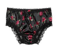 Satini Satin Dentelle froufroutante efféminé Shorty Slips Culottes sous-vêtements (Noir - Roses Rouges, M)
