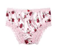 Satini Satin Dentelle froufroutante efféminé Shorty Slips Culottes sous-vêtements (Rose Clair - Roses Rouges, L)