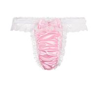 Satini Satin Dentelle froufroutante efféminé String Tanga Caleçons Slips Culottes sous-vêtements (Rose Clair - Blanc, XL)
