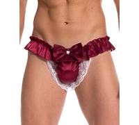 Satini Satin Frou-Frou Noeud String efféminé Caleçons Slips Culottes sous-vêtements (Rouge vin, L)