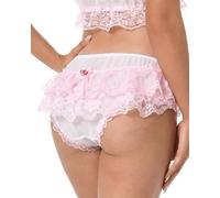 Satini Transparente Dentelle froufroutante efféminé Doux Caleçons Slips Culottes sous-vêtements (Blanc - Rose Clair, XL)