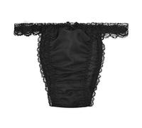 Satini Transparente Dentelle froufroutante efféminé Tanga Caleçons Slips Culottes sous-vêtements (Noir, L)