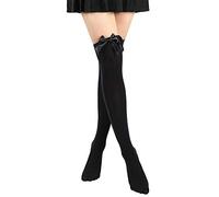 SATINIOR Bas avec N uds en Satin Bas Hauts de Cuisse Opaques de Femmes Bas Longs Au-dessus du Genou (Noir, 1)