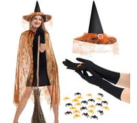 SATINIOR Costumes de Sorcières d'Halloween pour Femme Déguisement d'Araignée Cape en Toile d'Araignée Gants Noirs Chapeau de Sorcière en Dentelle et 20 Petites Araignées Simulées (Orange, Innovant)