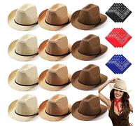 SATINIOR Lot de 12 chapeaux et bandanas de cowboy en paille - Chapeau de fête de cowboy avec bandana, Beige, kaki, marron, 55 cm / 22 inches