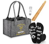 SATINIOR Set de 4 Pièces Cadeaux de Bière pour Homme Inclus Sac de Transport de Bouteille en Feutre avec 6 Compartiments Pince à Griller Ouvre-Bouteille Chaussettes(Ich Bin in Rente Ich Muss Gar nix)