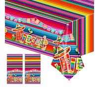 Satiskid Cinco De Mayo Lot de 2 nappes de fête mexicaine en plastique imperméable, à rayures florales colorées, 130 x 220 cm, rouge
