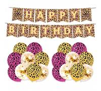 Satiskid Ensemble de bannières d'anniversaire à imprimé guépard rose et doré et 18 ballons, kit complet de décorations d'anniversaire à imprimé léopard, décoration de fête sur le thème des animaux de