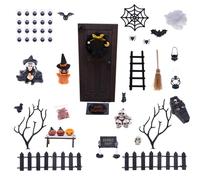 Satiskid Kit de maison de poupée d'Halloween, porte, sorcière, citrouille, squelette, toile d'araignée, cercueil, figurines miniatures de chauve-souris, mini décorations de jardin féérique, ensemble